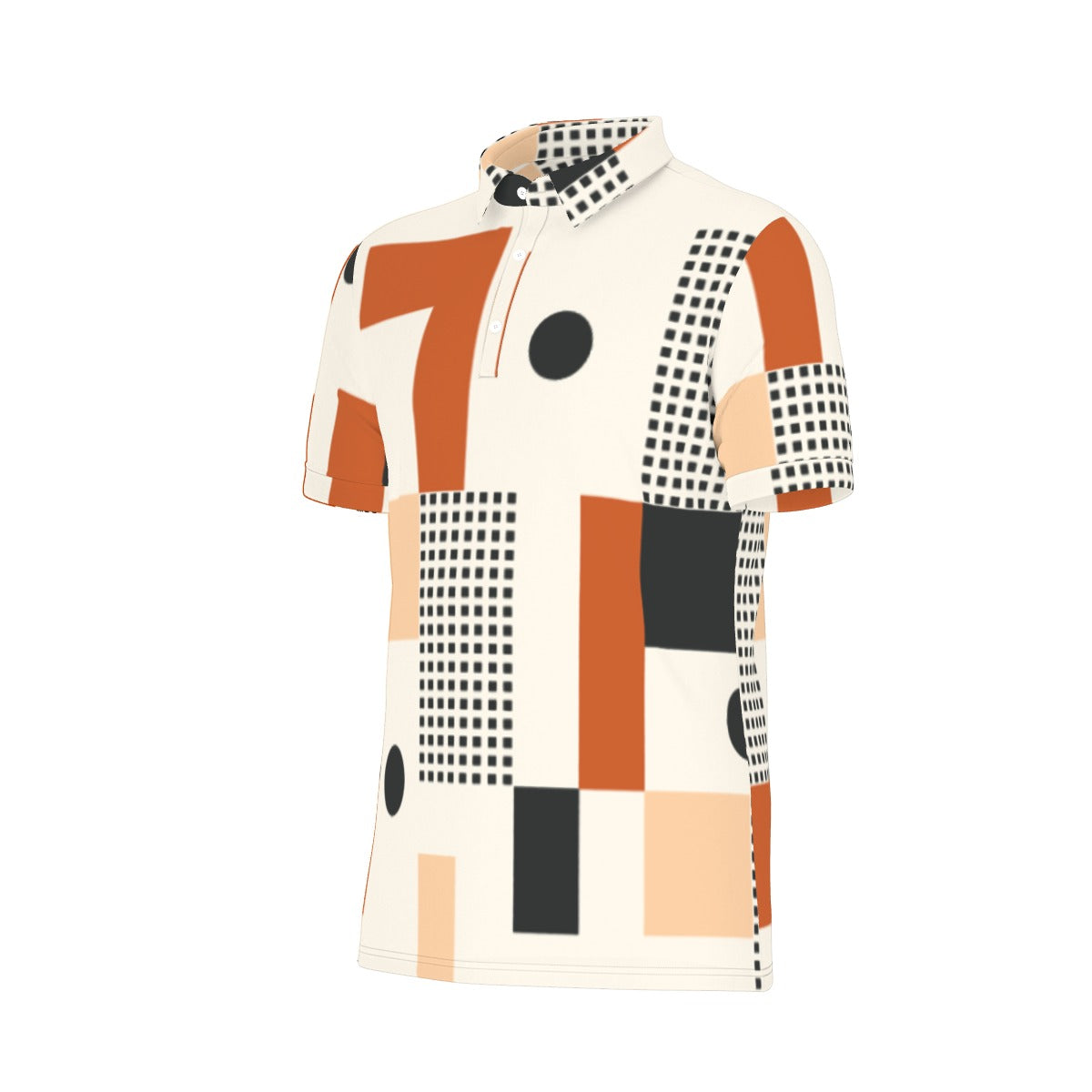 Geometric Art Polo Shirt: A vibrant, modern design inspired by geometric patterns.