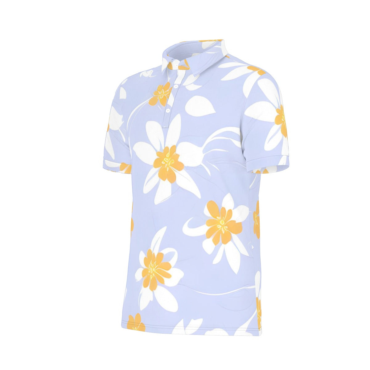White flowers with light blue background Stretch Polo Shirt -