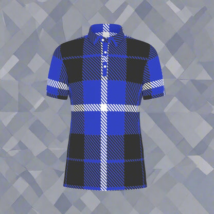 Classic Blue Checkered Grid Stretch Polo Shirt