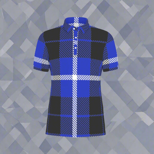 Classic Blue Checkered Grid Stretch Polo Shirt