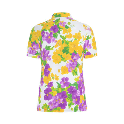 Yellow and Purple Flower Watercolor Stretch Polo Shirt