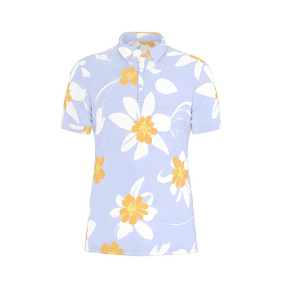 White flowers with light blue background Stretch Polo Shirt -