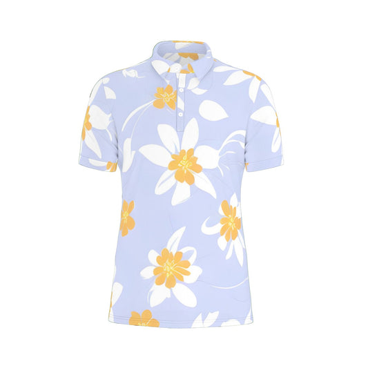 White flowers with light blue background Stretch Polo Shirt -