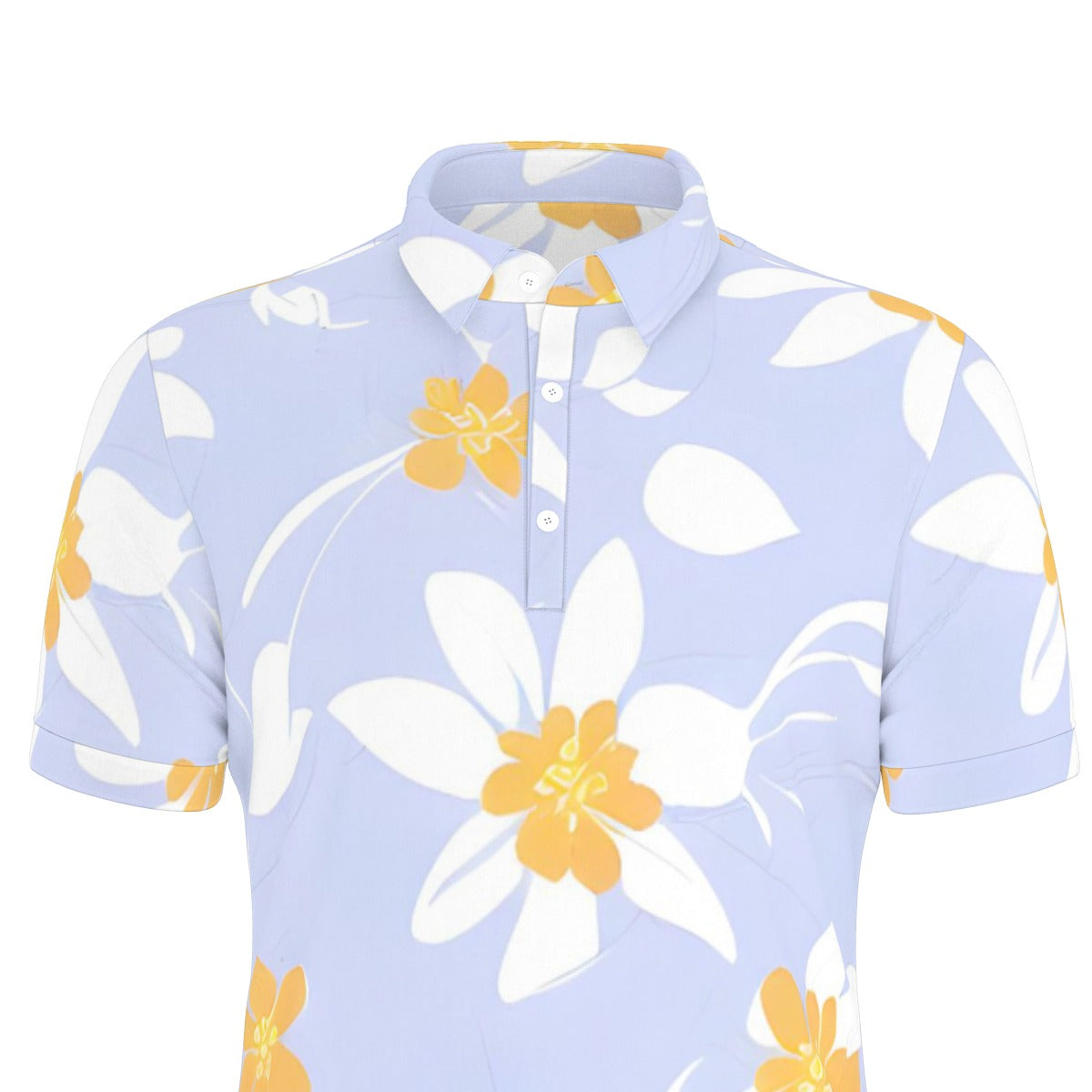 White flowers with light blue background Stretch Polo Shirt -