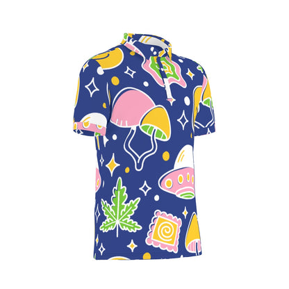 Whimsical Mushroom Polo Shirt: A playful design featuring stylized mushrooms, stars, and colorful shapes on a dark blue background