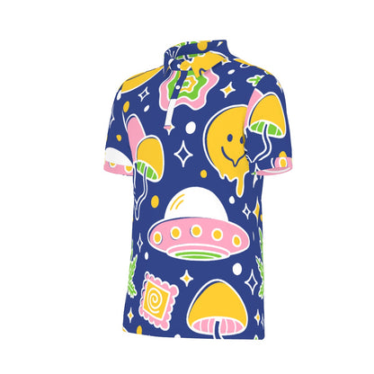 Whimsical Mushroom Polo Shirt: A playful design featuring stylized mushrooms, stars, and colorful shapes on a dark blue background