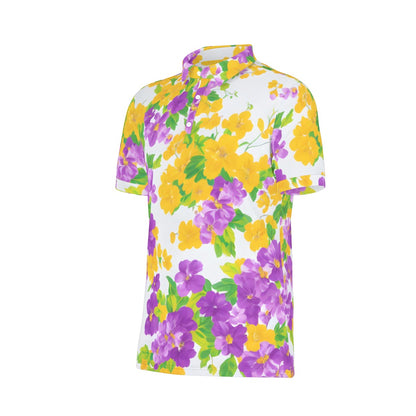 Yellow and Purple Flower Watercolor Stretch Polo Shirt