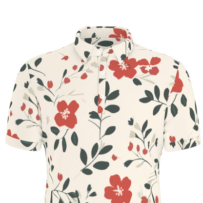 Men's Stretch Polo Shirt w/ red, green, grey floral