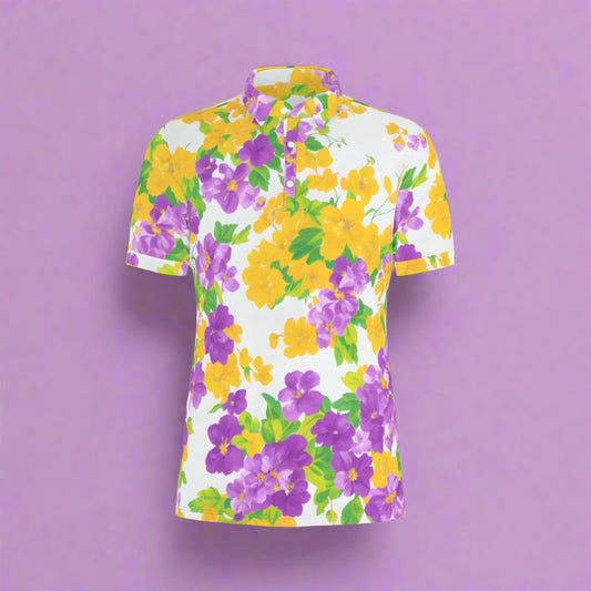 Yellow and Purple Flower Watercolor Stretch Polo Shirt