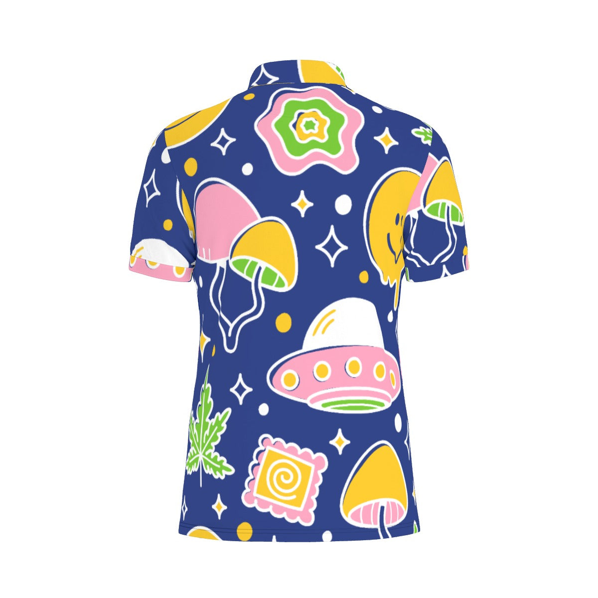 Whimsical Mushroom Polo Shirt: A playful design featuring stylized mushrooms, stars, and colorful shapes on a dark blue background