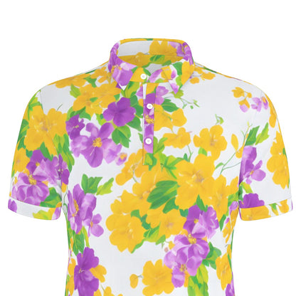 Yellow and Purple Flower Watercolor Stretch Polo Shirt