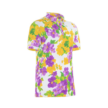Yellow and Purple Flower Watercolor Stretch Polo Shirt