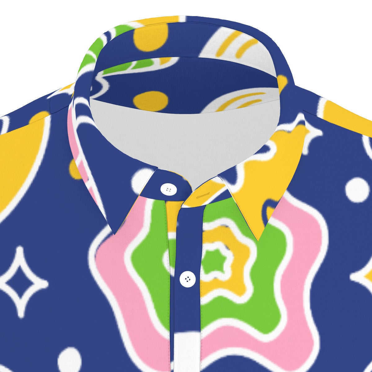 Whimsical Mushroom Polo Shirt: A playful design featuring stylized mushrooms, stars, and colorful shapes on a dark blue background
