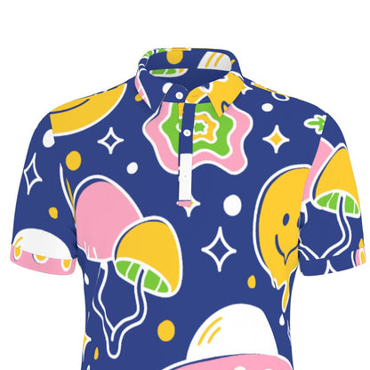 Whimsical Mushroom Polo Shirt: A playful design featuring stylized mushrooms, stars, and colorful shapes on a dark blue background