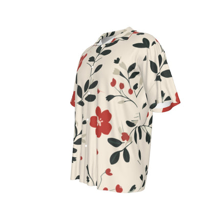 Short Sleeve Button Shirt w/red, green, grey floral design