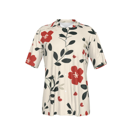 Short Sleeve Button Shirt w/red, green, grey floral design